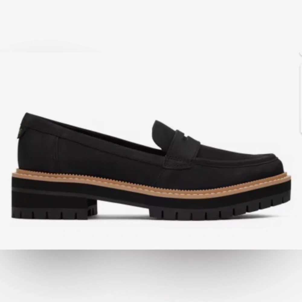 TOMS Cara Penny Loafer Lug Sole Black Leather Platform Slip On Comfy Women’s 10 - Picture 2 of 13